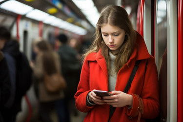 Молодая девушка в лондонском метро. Мобильный телефон. Генерировать искусственный интеллект - yliv