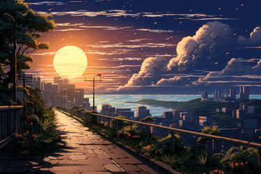 Аниме-визуальная новелла Road city sunset. Генерировать искусственный интеллект - yliv