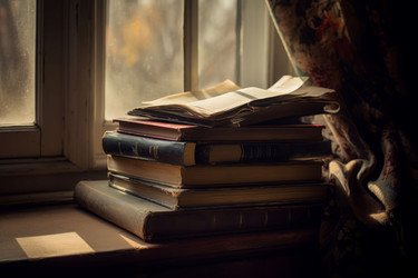 Стопка старых книг на окне. Древняя поэзия. Генерировать искусственный интеллект - yliv