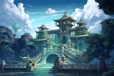 Аниме-визуальная новелла Asian temple waterfall. Древний Китай. Генерировать искусственный интеллект - yliv