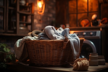 Корзина с грязным бельем в темной комнате. Контейнер для кучи. Генерировать искусственный интеллект - yliv