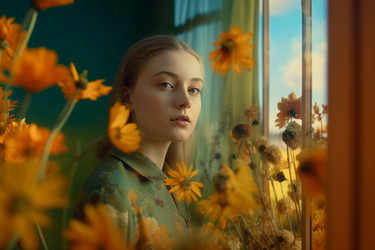 Окна с женскими желтыми цветами. Лето на природе. Генерировать искусственный интеллект - yliv