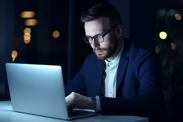 Бизнесмен работает за ноутбуком. Генерировать искусственный интеллект - yliv