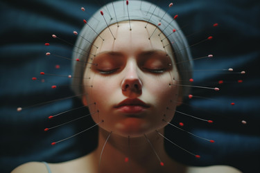 Лицо молодой женщины, занимающейся иглоукалыванием. Санаторно-курортное лечение. Генерировать искусственный интеллект - yliv
