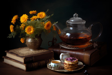 Печенье с цветочным чаем Stilllife. Чашка по-китайски. Генерировать искусственный интеллект - yliv