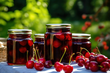Урожай продуктов для приготовления вишневого джема. Стеклянная чаша. Генерировать искусственный интеллект - yliv