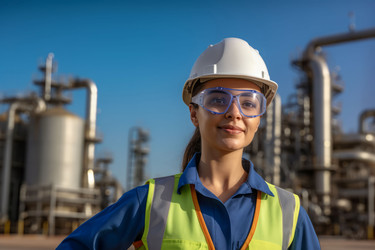 Женщина-инженер улыбается на нефтеперерабатывающем заводе. Энергетический газ. Генерировать искусственный интеллект - yliv