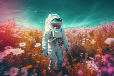 Космонавт стоит с полевыми цветами. Генерировать искусственный интеллект - yliv