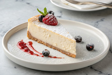вкусный чизкейк подается на белой тарелке со свежими ягодами и соусом - RomanZ