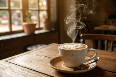 Coffee Cup With Heart Design Sits on Wooden Table in Cozy Café Setting - RomanZ