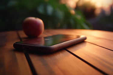 Смартфон на столе рядом с Apple. Умное прикосновение. Генерировать искусственный интеллект - yliv
