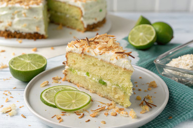 Ломтик лаймово-кокосового торта подается на тарелке с дольками свежего лайма - RomanZ
