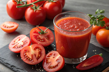 свежий томатный сок подается со спелыми красными помидорами на грифельной доске - RomanZ