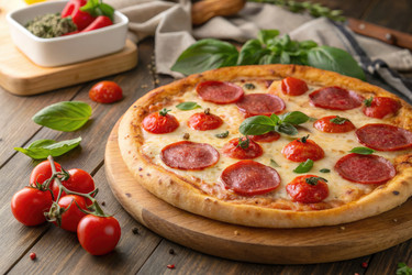 вкусная пицца пепперони подается на деревянной доске из свежих ингредиентов - RomanZ