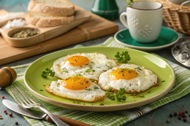 Вкусный завтрак из яиц Sunny Side up, подаваемых с зеленью и хлебом - RomanZ