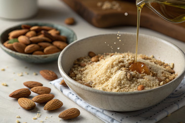 смешайте миндальную муку с маслом и орехами для приготовления полезного рецепта на кухне - RomanZ