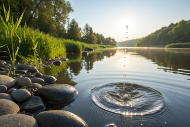капли воды создают рябь на безмятежной реке на рассвете рядом с пышной зеленью - RomanZ