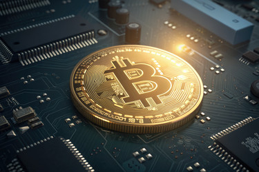 биткойн-монета покоится на печатной плате со светящимися световыми эффектами - RomanZ