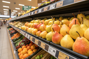 отображаются свежие груши и фрукты в продуктовый магазин проходу в дневное время - RomanZ