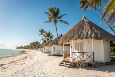 красивые прибрежные хижины с соломенными крышами под ясным голубым небом - RomanZ