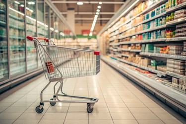 тележка для покупок в проходе продуктового магазина во время напряженного дня - RomanZ