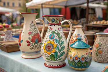 красивая керамика с ручной росписью, выставленная летом на оживленном рынке - RomanZ