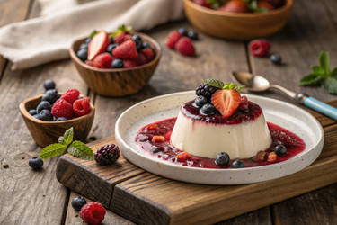 вкуснейшая панна котта со смешанным ягодным соусом и свежими фруктами на деревянном столе - RomanZ