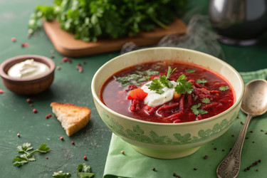 вкусный свекольный суп подается с зеленью, йогуртом и хлебом на зеленом столе - RomanZ