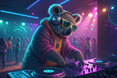 Ди-джей Koala крутит мелодии на оживленной танцевальной вечеринке в оживленном клубе - RomanZ