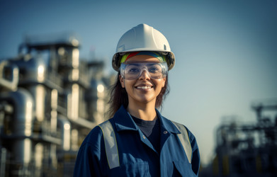 Женщина-инженер работает на нефтеперерабатывающем заводе. Заводская энергия. Генерировать искусственный интеллект - yliv
