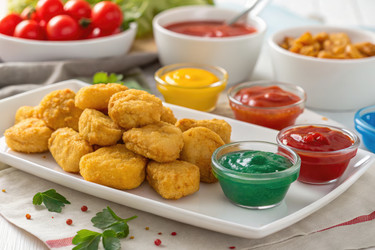 вкусные куриные наггетсы подают с различными красочными соусов - RomanZ