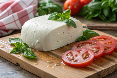 свежая моцарелла и нарезанные помидоры с базиликом на деревянной доске - RomanZ