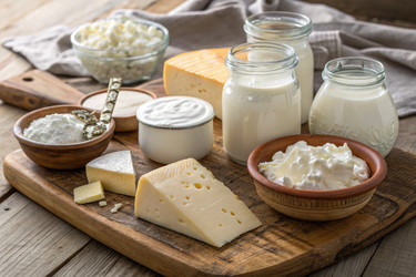 разнообразные молочные продукты, выставленные на деревянной сервировочной доске - RomanZ
