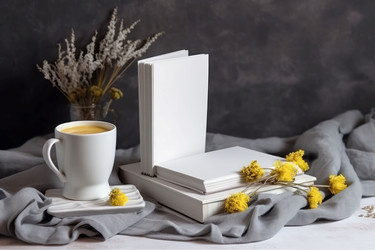 Уютная свеча из стопки книг. Уютная кружка. Генерировать искусственный интеллект - yliv