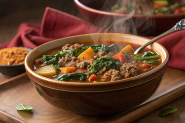 сытное овощное и мясное рагу на медленном огне в миске по-деревенски - RomanZ