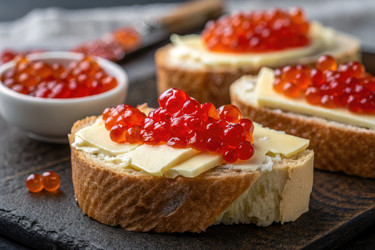 вкусные открытые бутерброды с икрой свежей рыбы и сливочным маслом - RomanZ