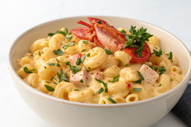 вкусные макароны с лобстером и сыром подаются в миске со свежей зеленью - RomanZ