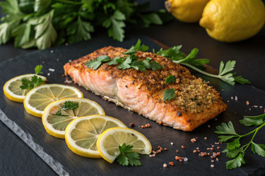 вкусный запеченный лосось с ломтиками лимона и свежей зеленью на гриле - RomanZ