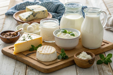 разнообразные свежие молочные продукты выставлены на деревянной доске в светлой кухне - RomanZ