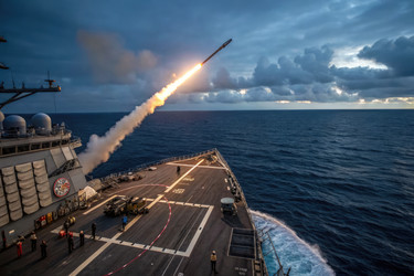 запуск ракеты с военно-морского судна в открытом море в сумерках - RomanZ