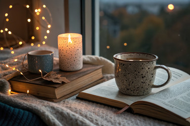 уютный осенний вечер с кофе, книгами и расслабляющей атмосферой у окна - RomanZ
