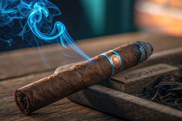 Элегантные сигары покоится на деревенском деревянном столе с синим дымом - RomanZ