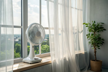 свежий воздух проходит через солнечную комнату с вентилятором и растением в горшке - RomanZ