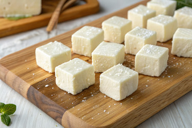 свеженарезанные кубики сыра разложите на деревянной доске для кулинарной демонстрации - RomanZ