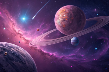 Красочная космическая сцена с планетами и звездами во Вселенной ночью - RomanZ
