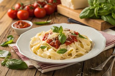 Вкуснейшая паста Феттучини с томатным соусом и свежим базиликом на деревянном столе - RomanZ