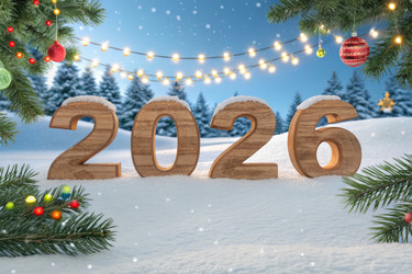 Празднование Нового года с деревянными цифрами 2026 в снежном пейзаже - RomanZ