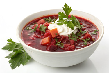 Вкусный свекольный суп, украшенный зеленью и сливками, подается в миске - RomanZ