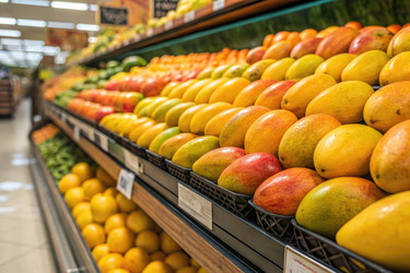 Красочный ассортимент спелых манго выставлен в продуктовом отделе продуктового магазина - RomanZ