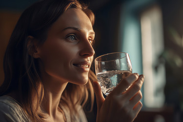 Женщина пьет воду из стакана. Утренняя диета. Генерировать искусственный интеллект - yliv